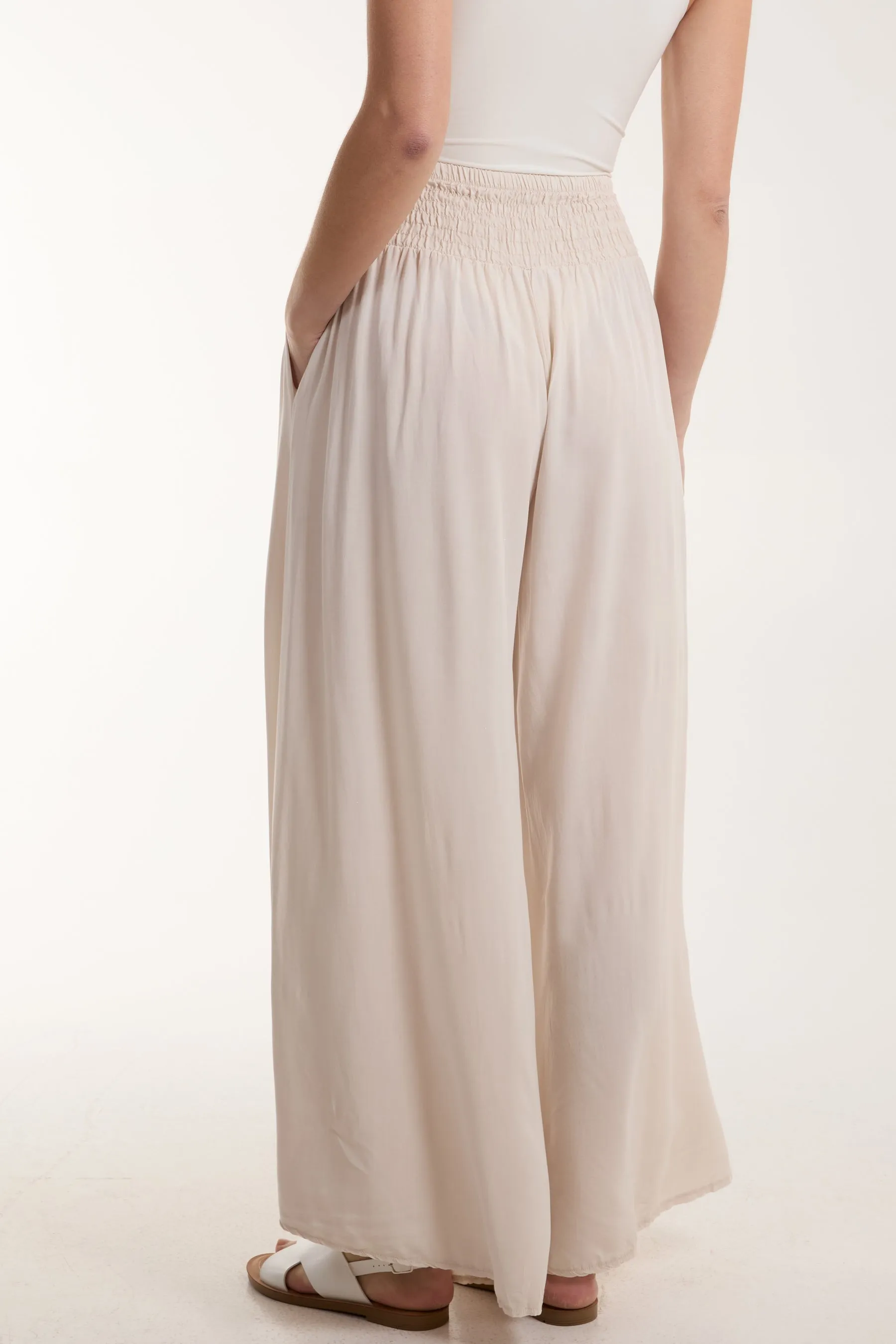 Shirred Deep Waist Band Wide Culottes