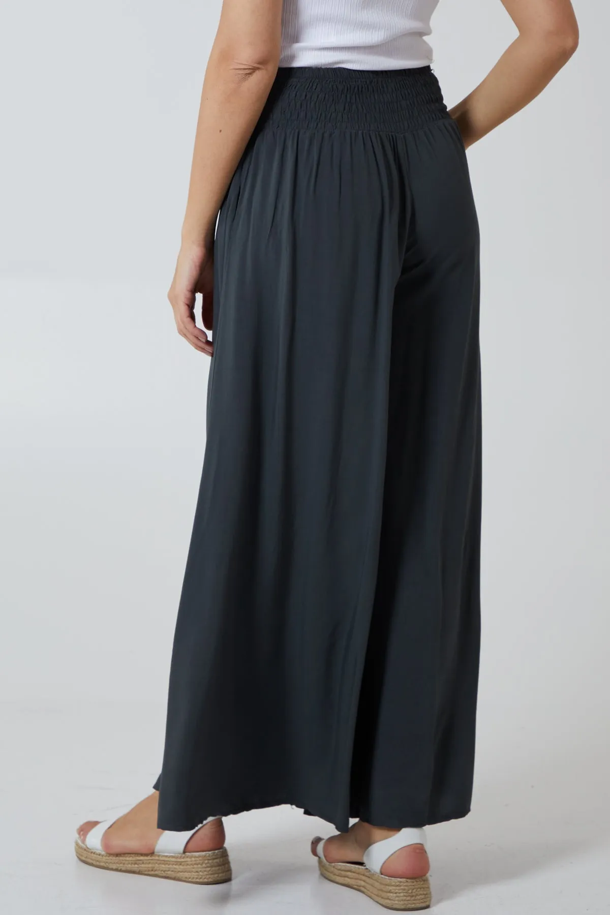 Shirred Deep Waist Band Wide Culottes