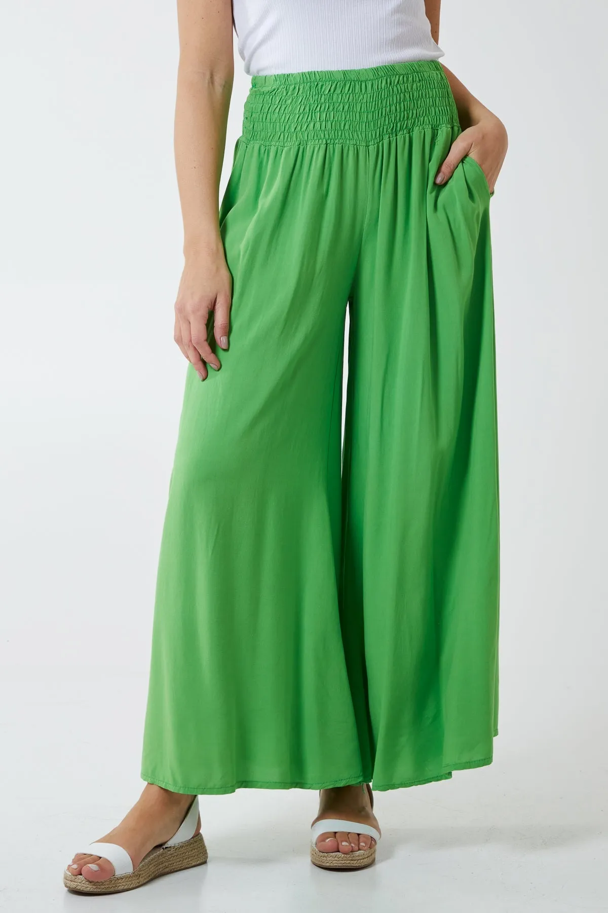 Shirred Deep Waist Band Wide Culottes