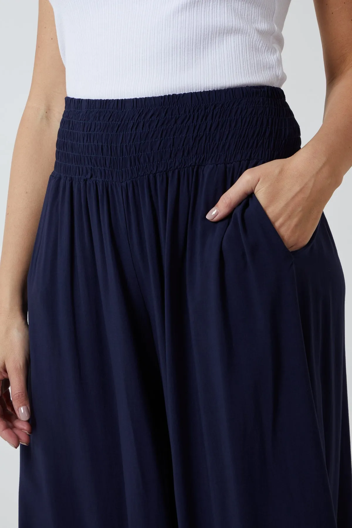 Shirred Deep Waist Band Wide Culottes