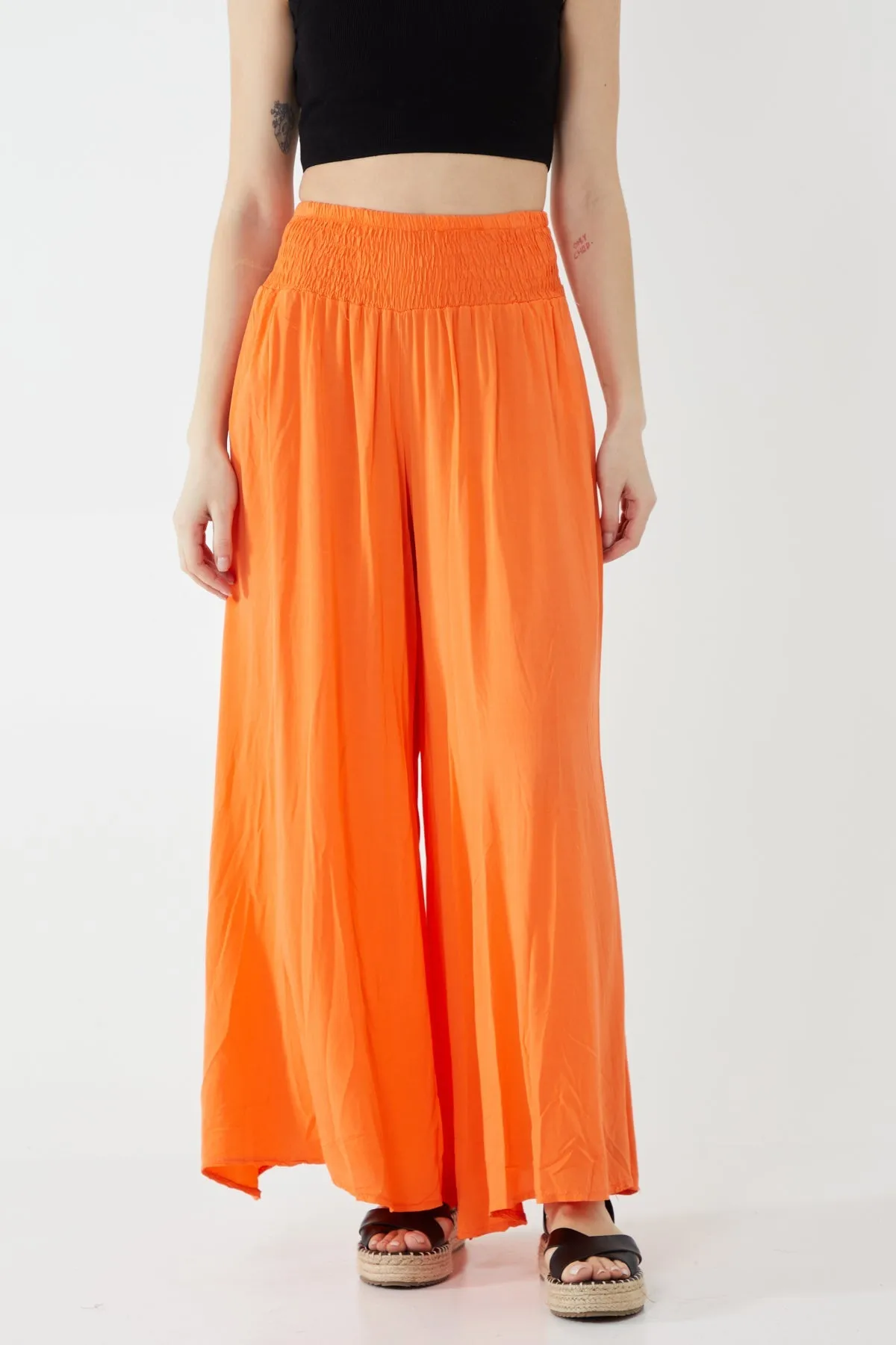 Shirred Deep Waist Band Wide Culottes