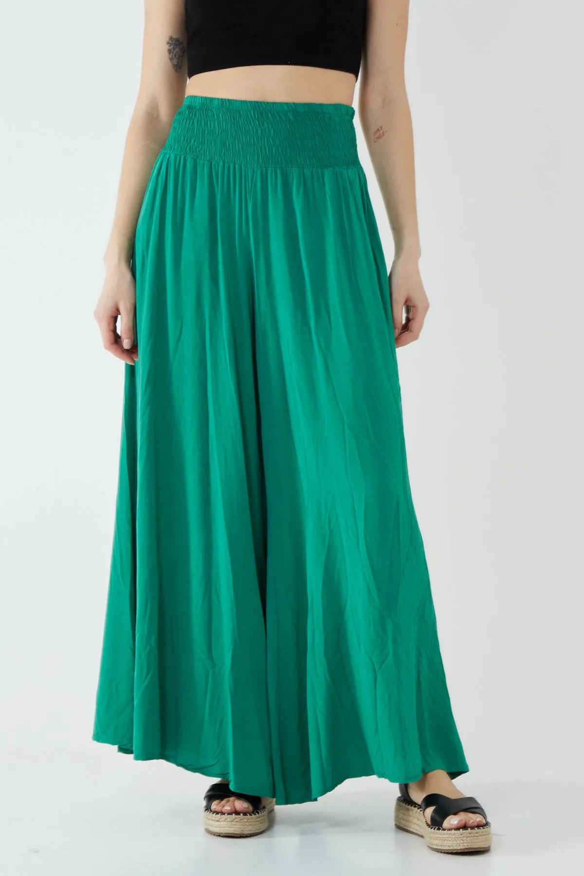 Shirred Deep Waist Band Wide Culottes