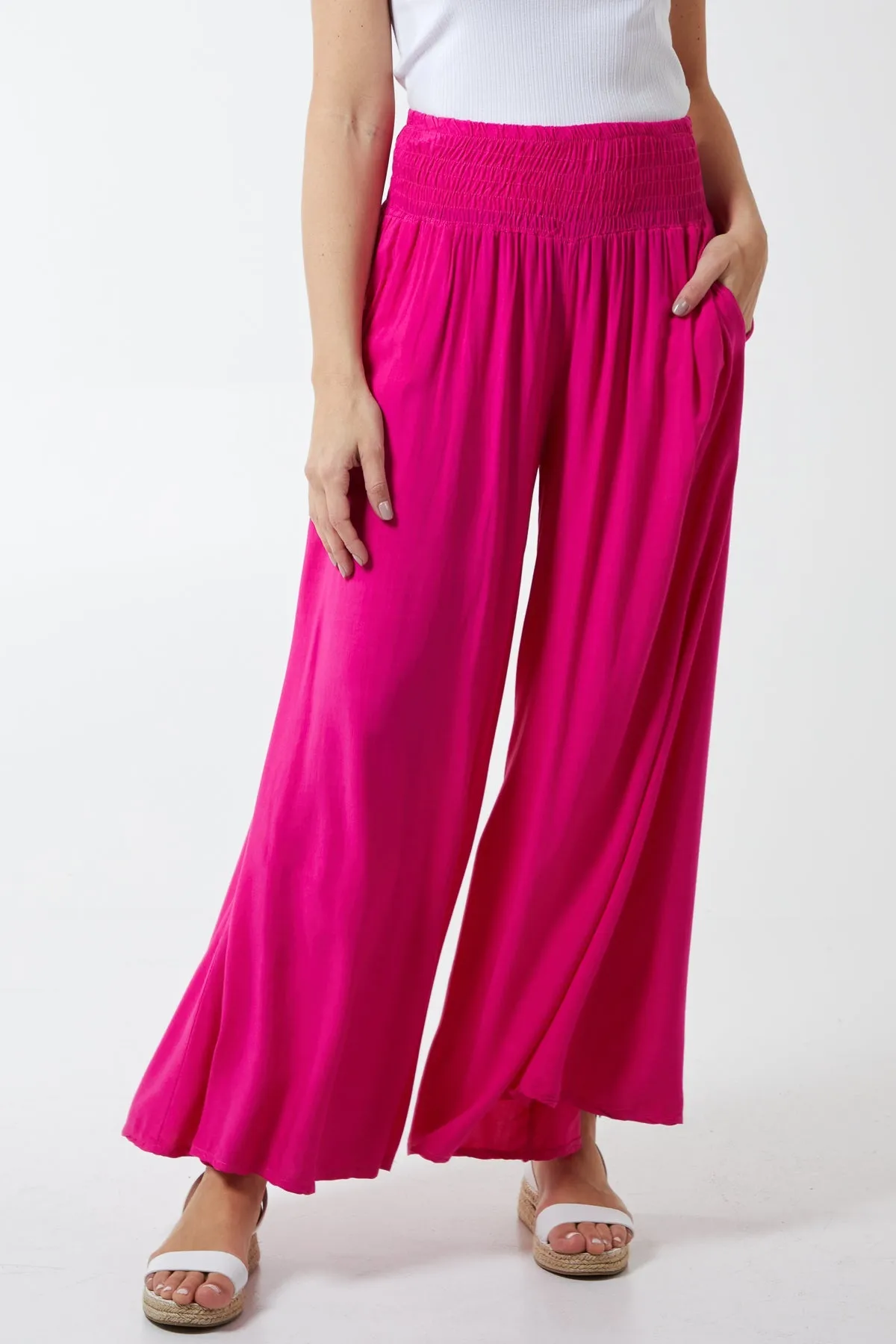Shirred Deep Waist Band Wide Culottes