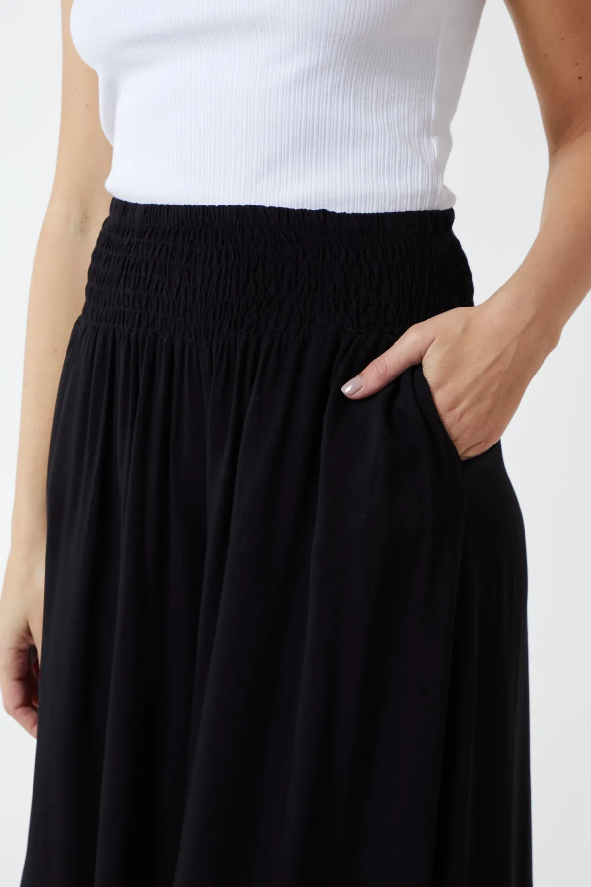 Shirred Deep Waist Band Wide Culottes