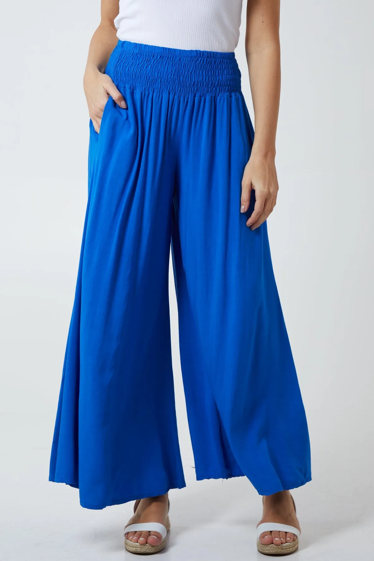Shirred Deep Waist Band Wide Culottes