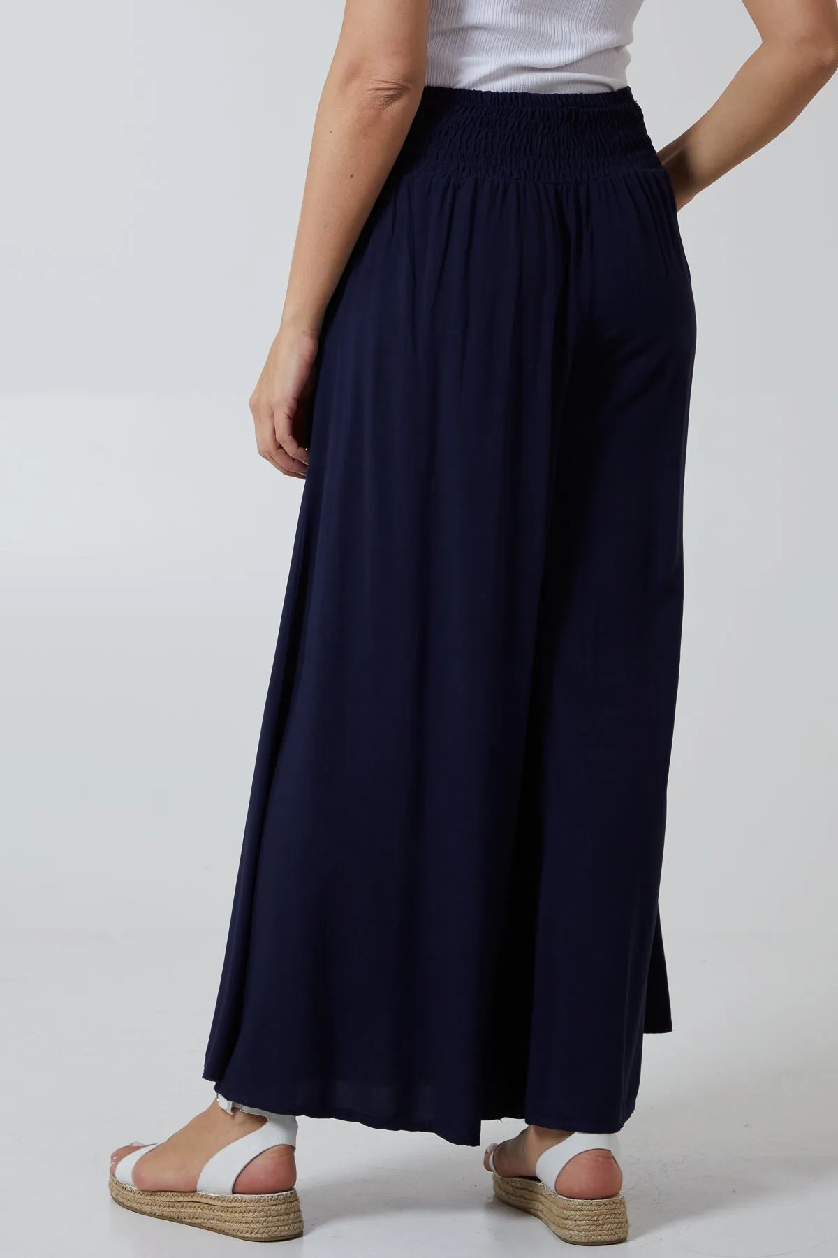 Shirred Deep Waist Band Wide Culottes
