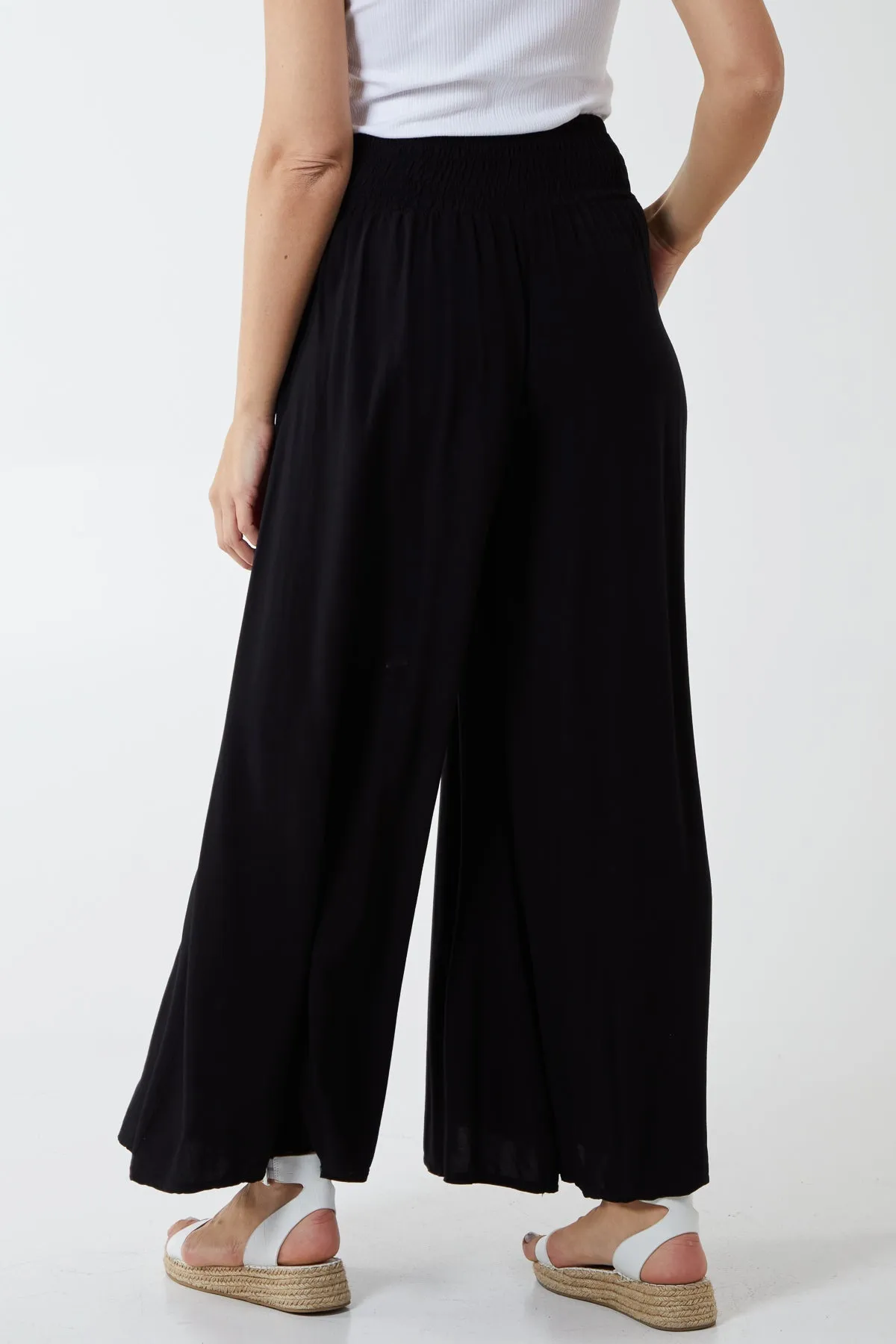 Shirred Deep Waist Band Wide Culottes