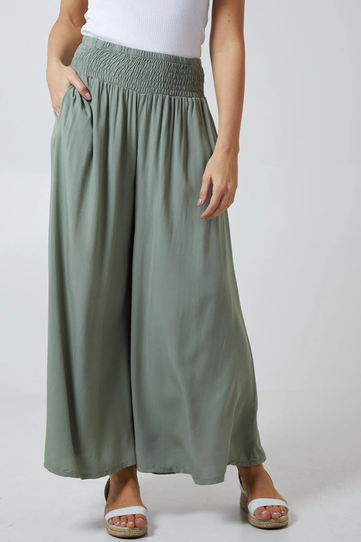 Shirred Deep Waist Band Wide Culottes