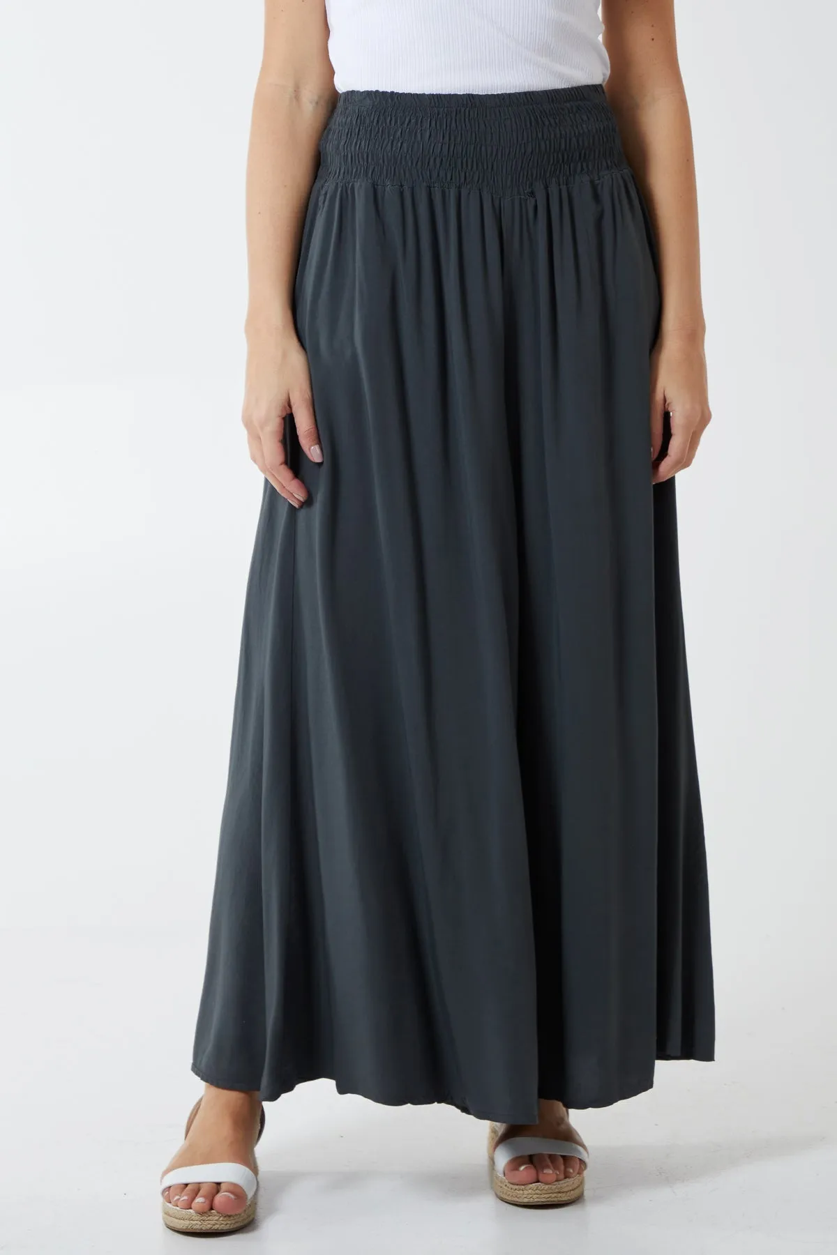 Shirred Deep Waist Band Wide Culottes