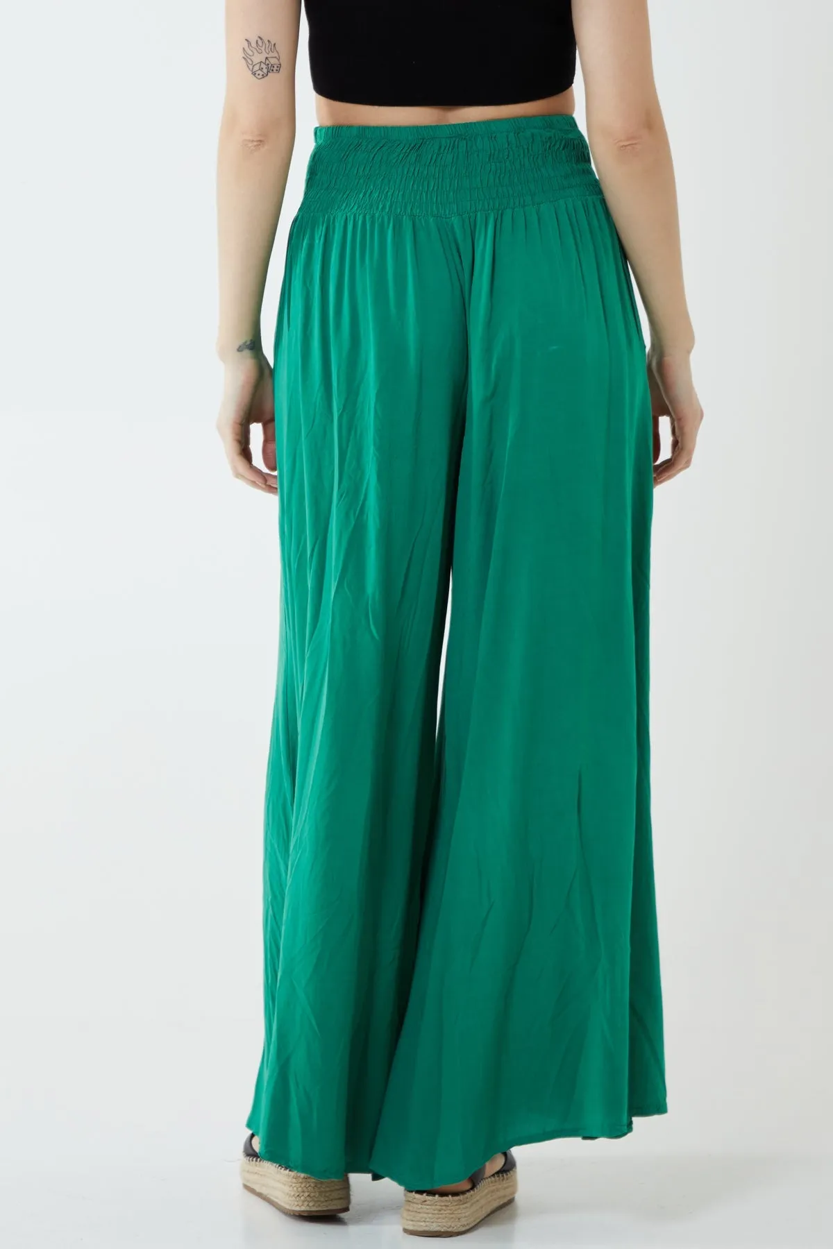 Shirred Deep Waist Band Wide Culottes
