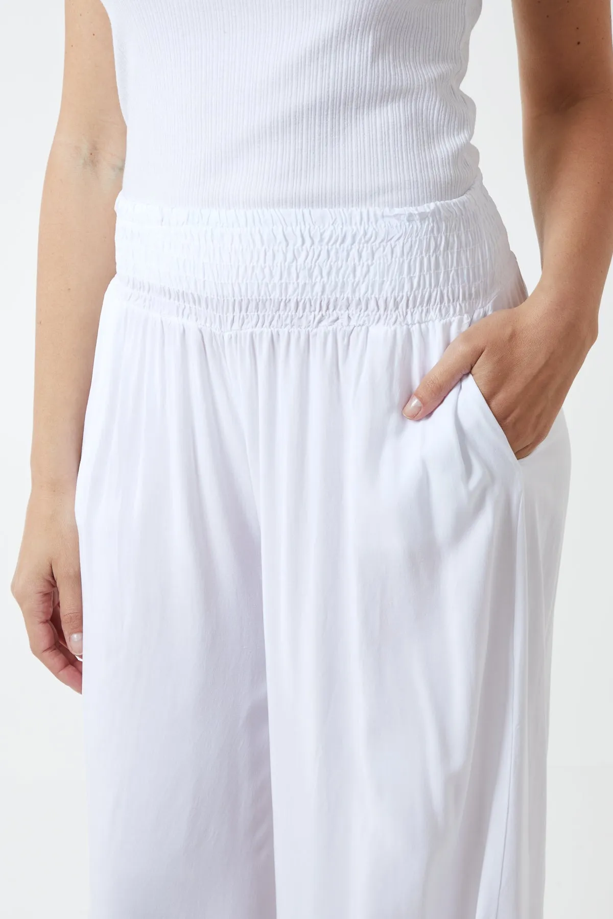 Shirred Deep Waist Band Wide Culottes