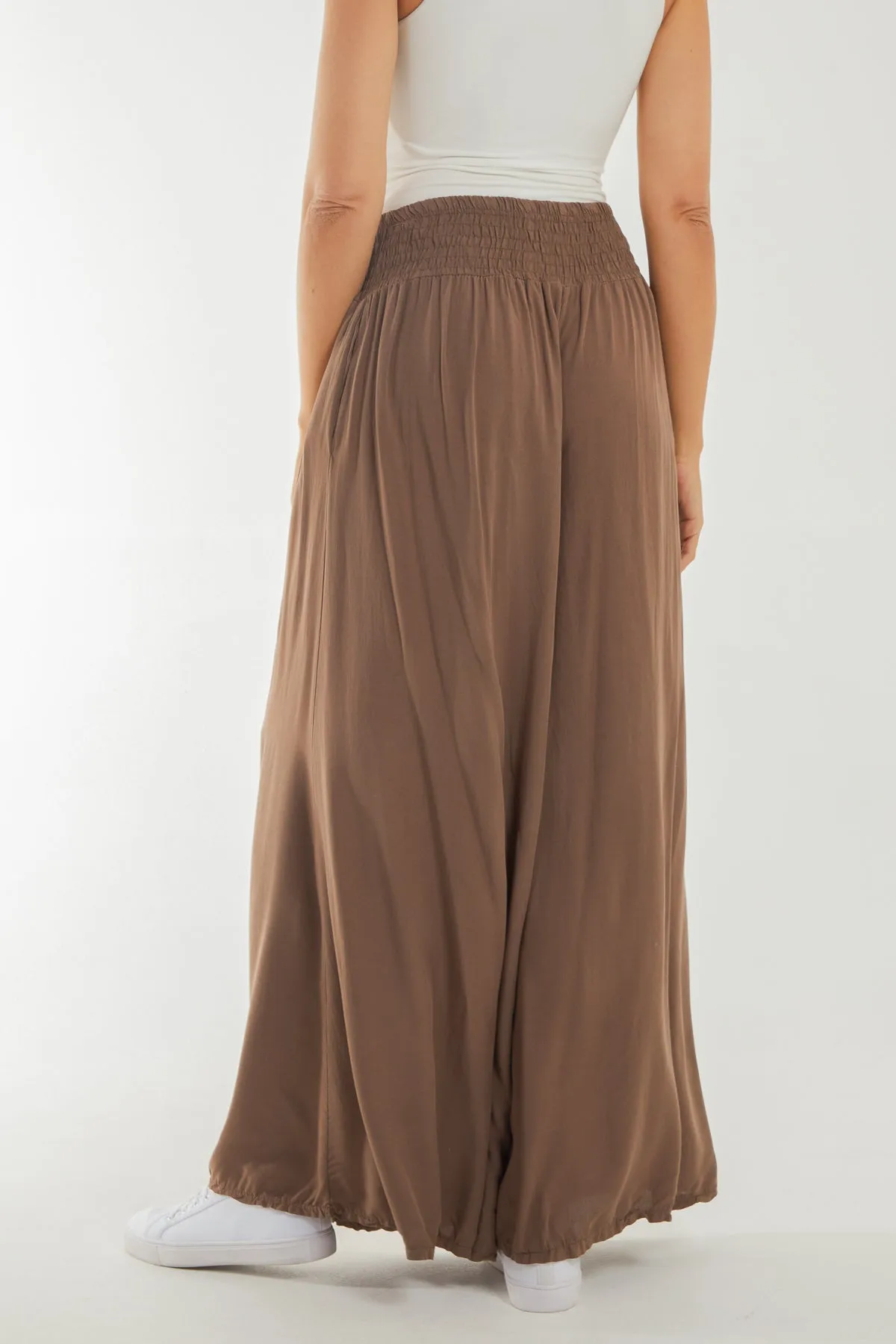 Shirred Deep Waist Band Wide Culottes