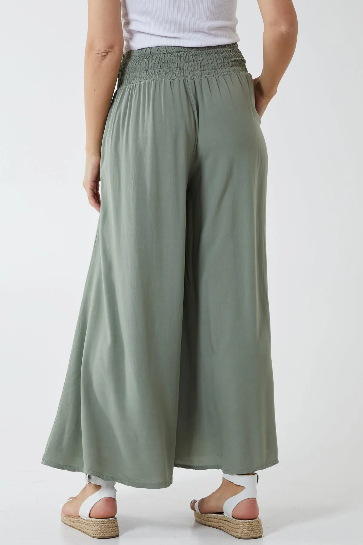 Shirred Deep Waist Band Wide Culottes