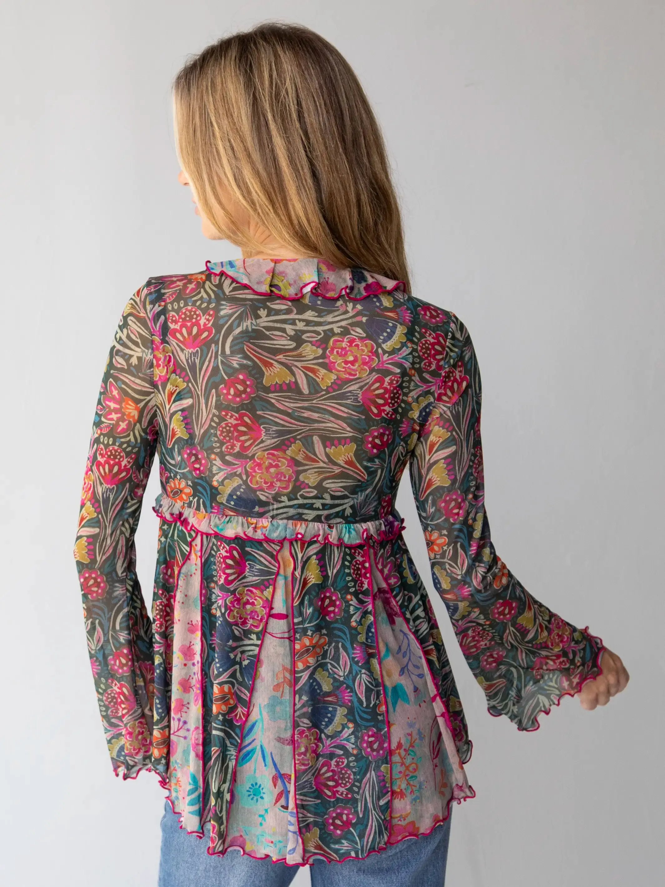Sierra Ruffle Mesh Top - Green Painterly Vines