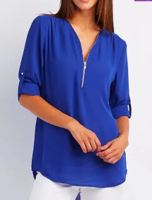 Sleek Women's Blouse with Front Zip Detail