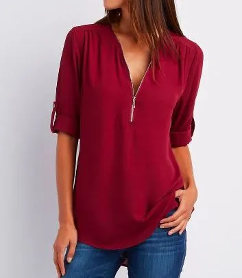 Sleek Women's Blouse with Front Zip Detail