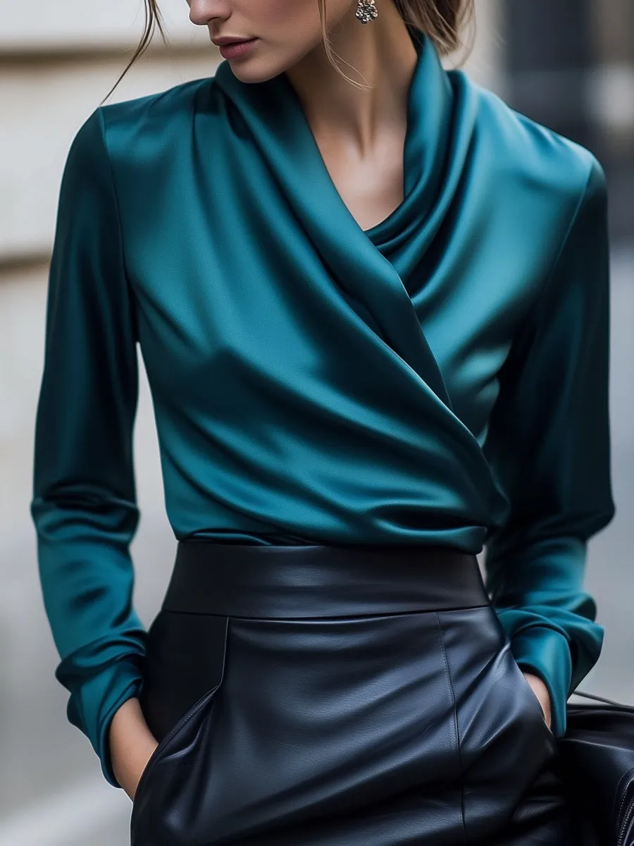 Sophia - Luxurious brown satin blouse with tie closure and tailored fit