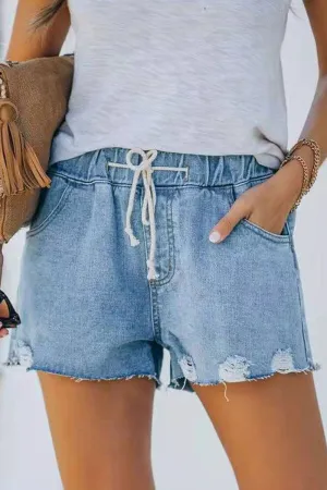 Street Solid Ripped Mid Waist Straight Denim Shorts(3 Colors)