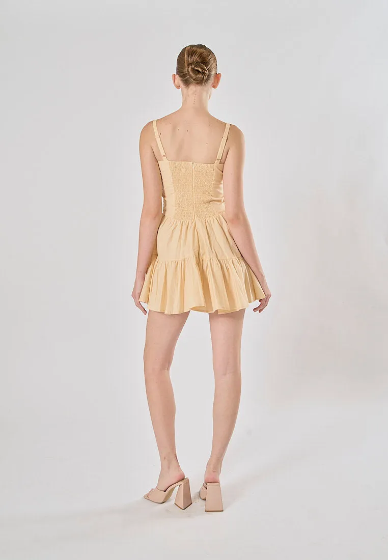 Taeko Beige Linen Sleeveless Smock Zipper Back Tiered Mini Dress