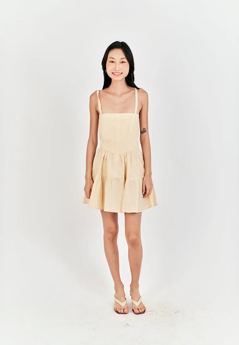 Taeko Beige Linen Sleeveless Smock Zipper Back Tiered Mini Dress