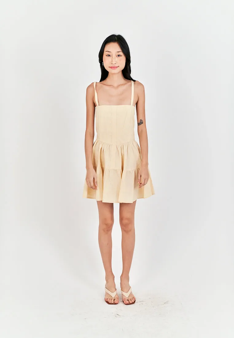 Taeko Beige Linen Sleeveless Smock Zipper Back Tiered Mini Dress