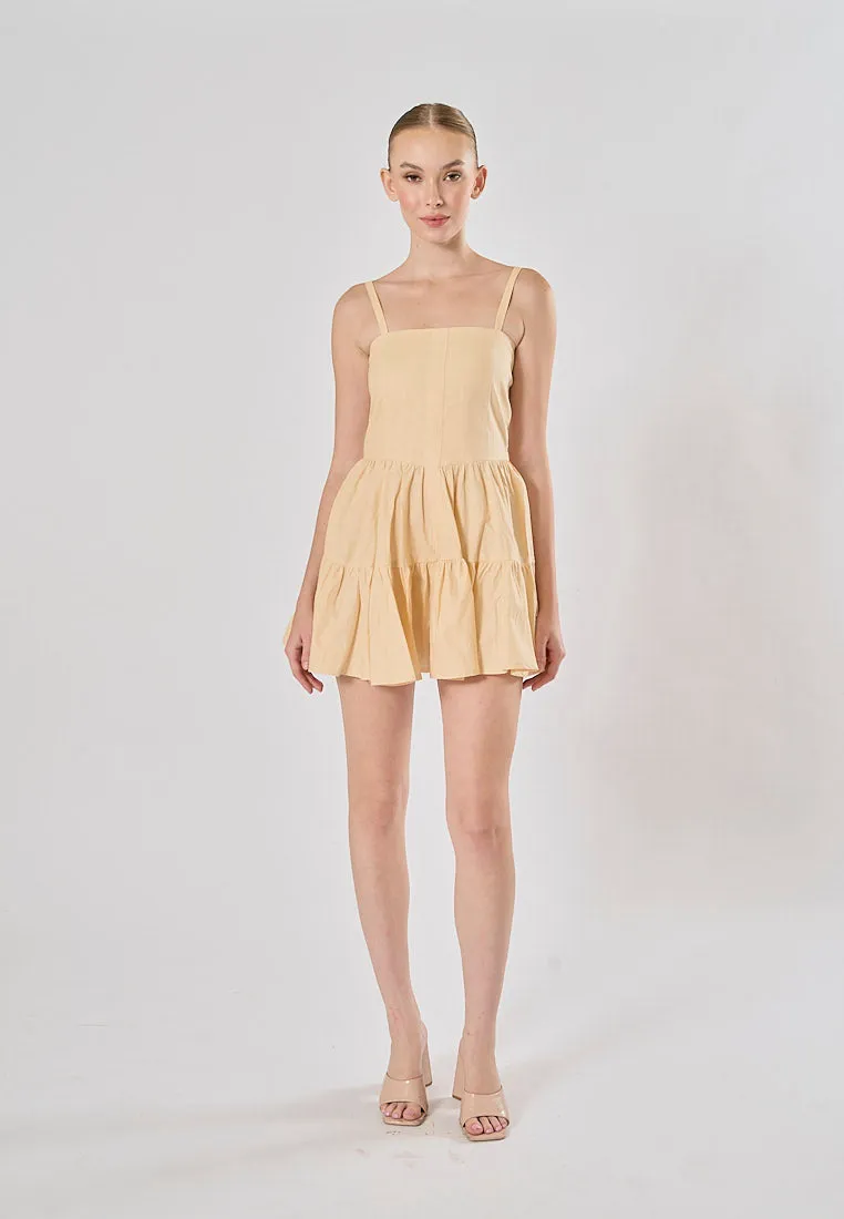 Taeko Beige Linen Sleeveless Smock Zipper Back Tiered Mini Dress