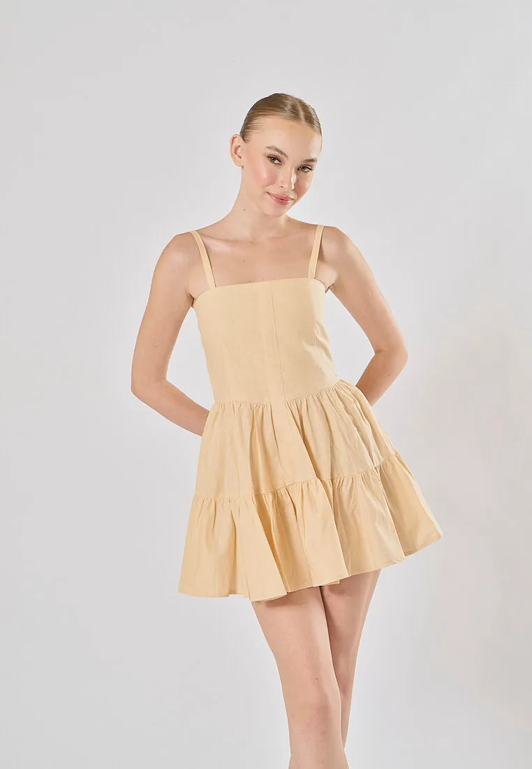 Taeko Beige Linen Sleeveless Smock Zipper Back Tiered Mini Dress