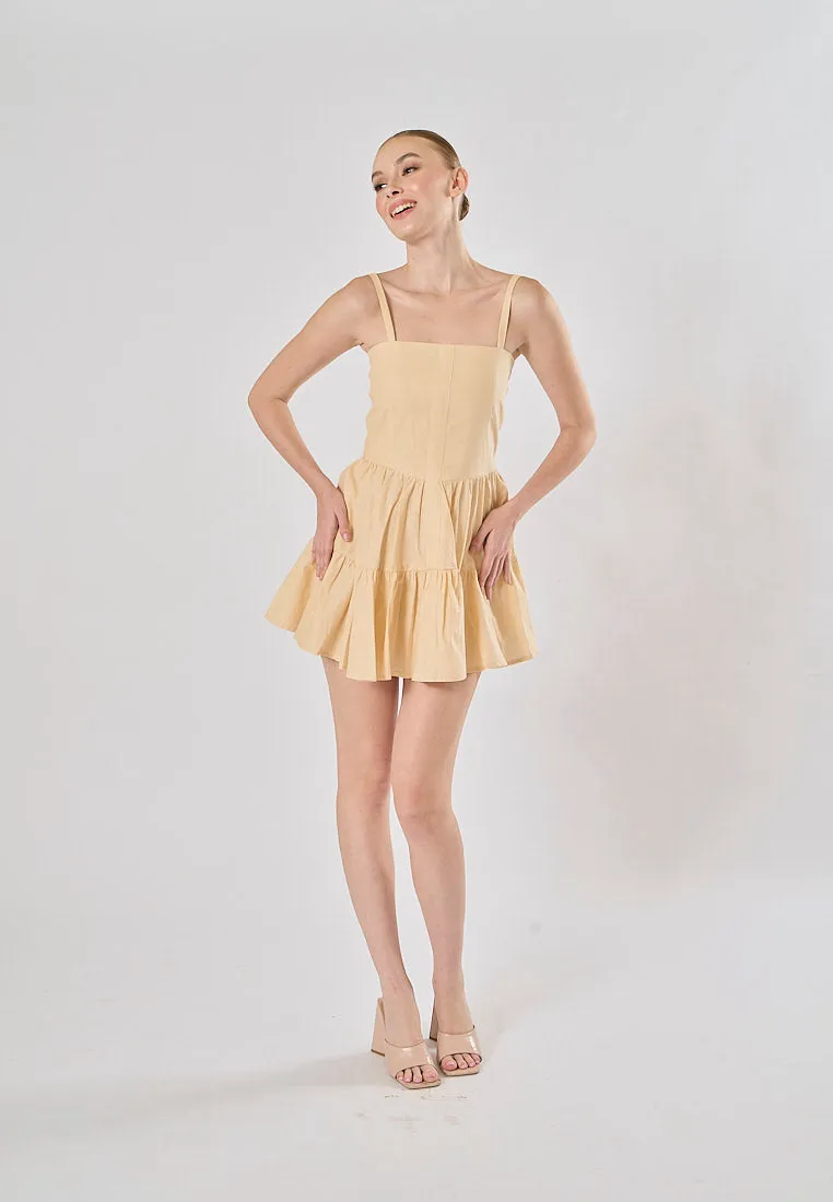 Taeko Beige Linen Sleeveless Smock Zipper Back Tiered Mini Dress