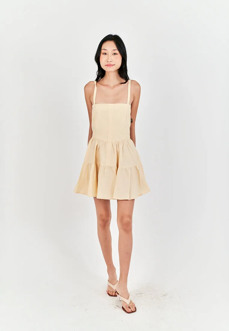 Taeko Beige Linen Sleeveless Smock Zipper Back Tiered Mini Dress