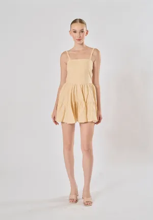 Taeko Beige Linen Sleeveless Smock Zipper Back Tiered Mini Dress