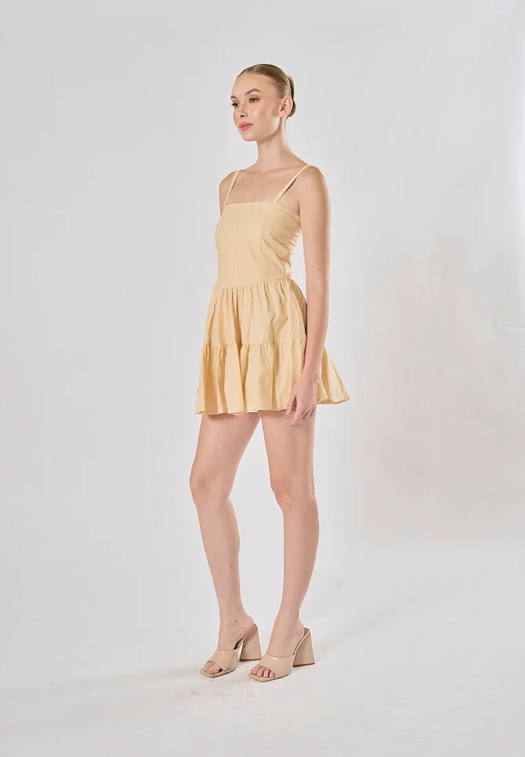 Taeko Beige Linen Sleeveless Smock Zipper Back Tiered Mini Dress
