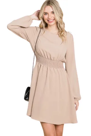 Tan Long Sleeve Round Neck Smock Waist Dress - Pack of 6