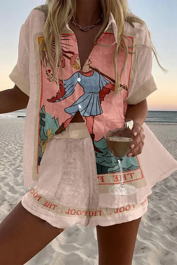 Tarot Print Loose Button Elastic Waist Shorts Set