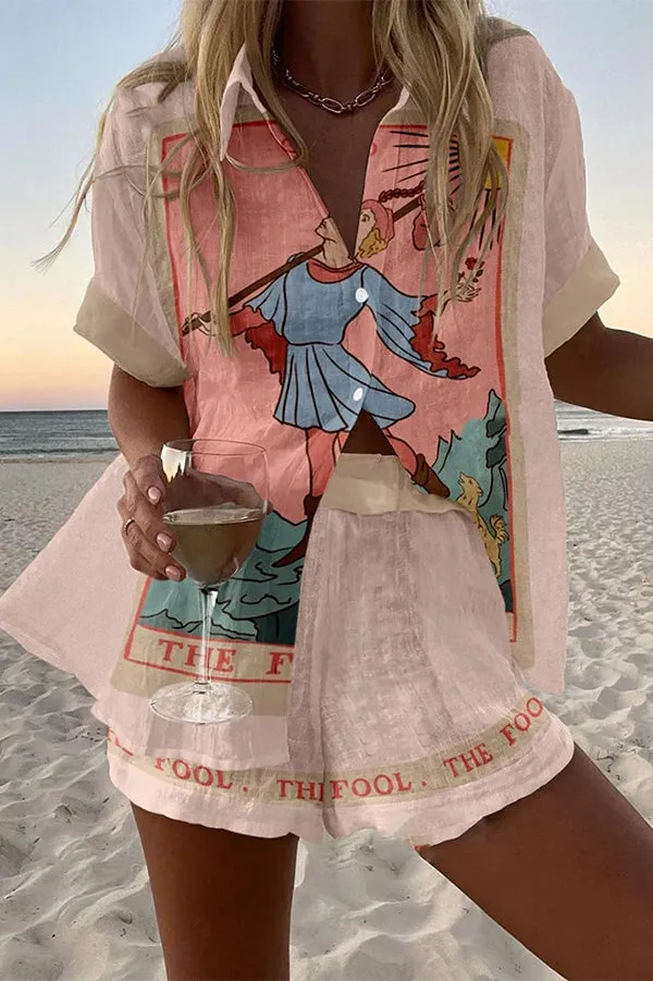 Tarot Print Loose Button Elastic Waist Shorts Set