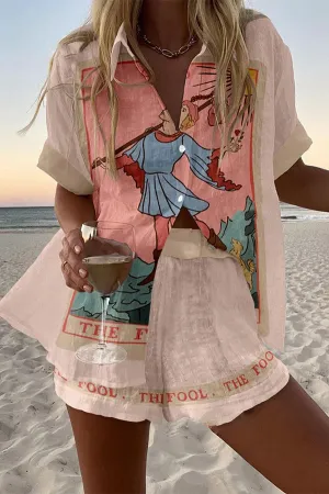 Tarot Print Loose Button Elastic Waist Shorts Set