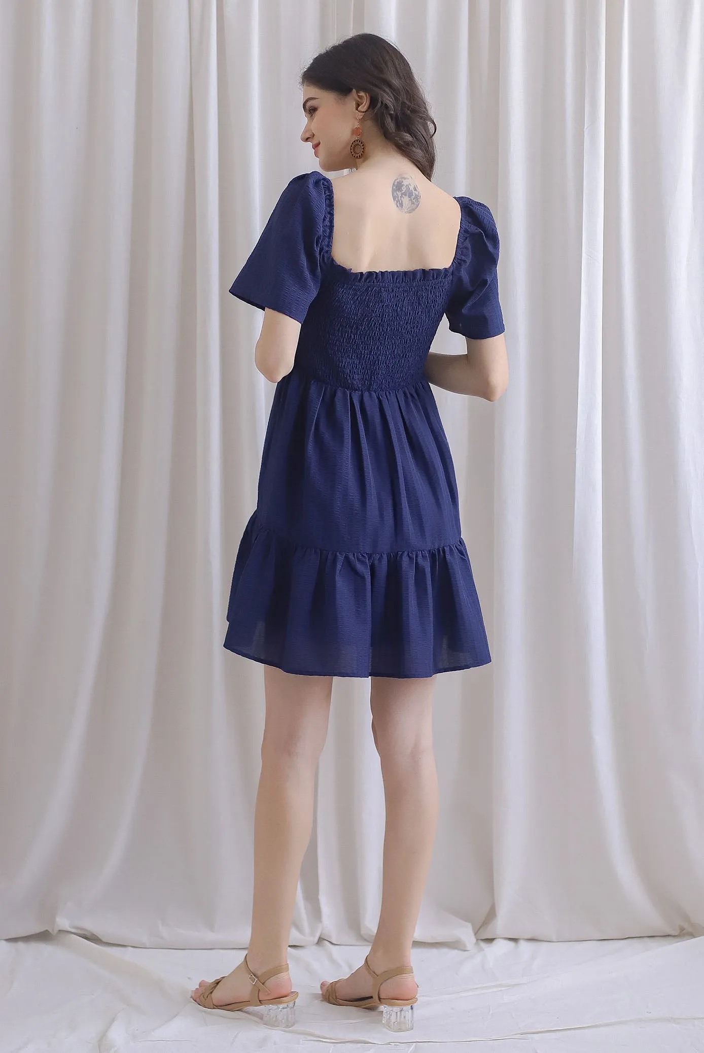TDC Trinny Flutter Sleeve Smock Dress In Navy Blue