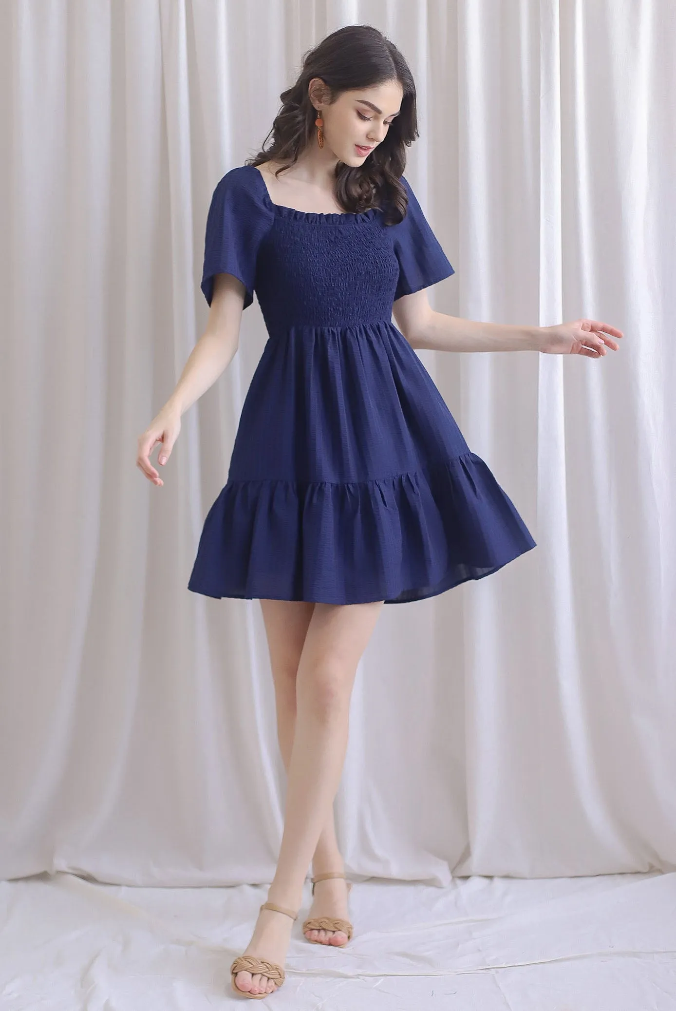 TDC Trinny Flutter Sleeve Smock Dress In Navy Blue