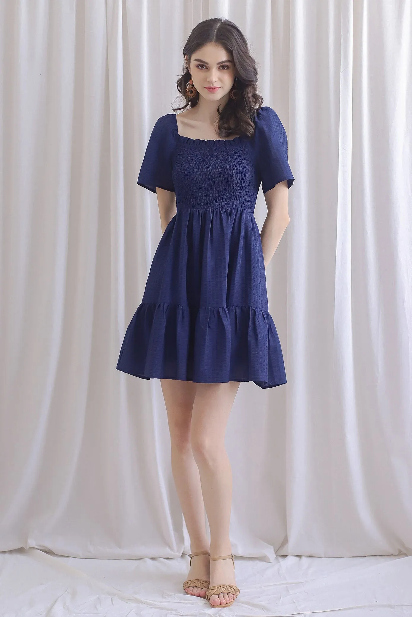 TDC Trinny Flutter Sleeve Smock Dress In Navy Blue