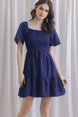 TDC Trinny Flutter Sleeve Smock Dress In Navy Blue