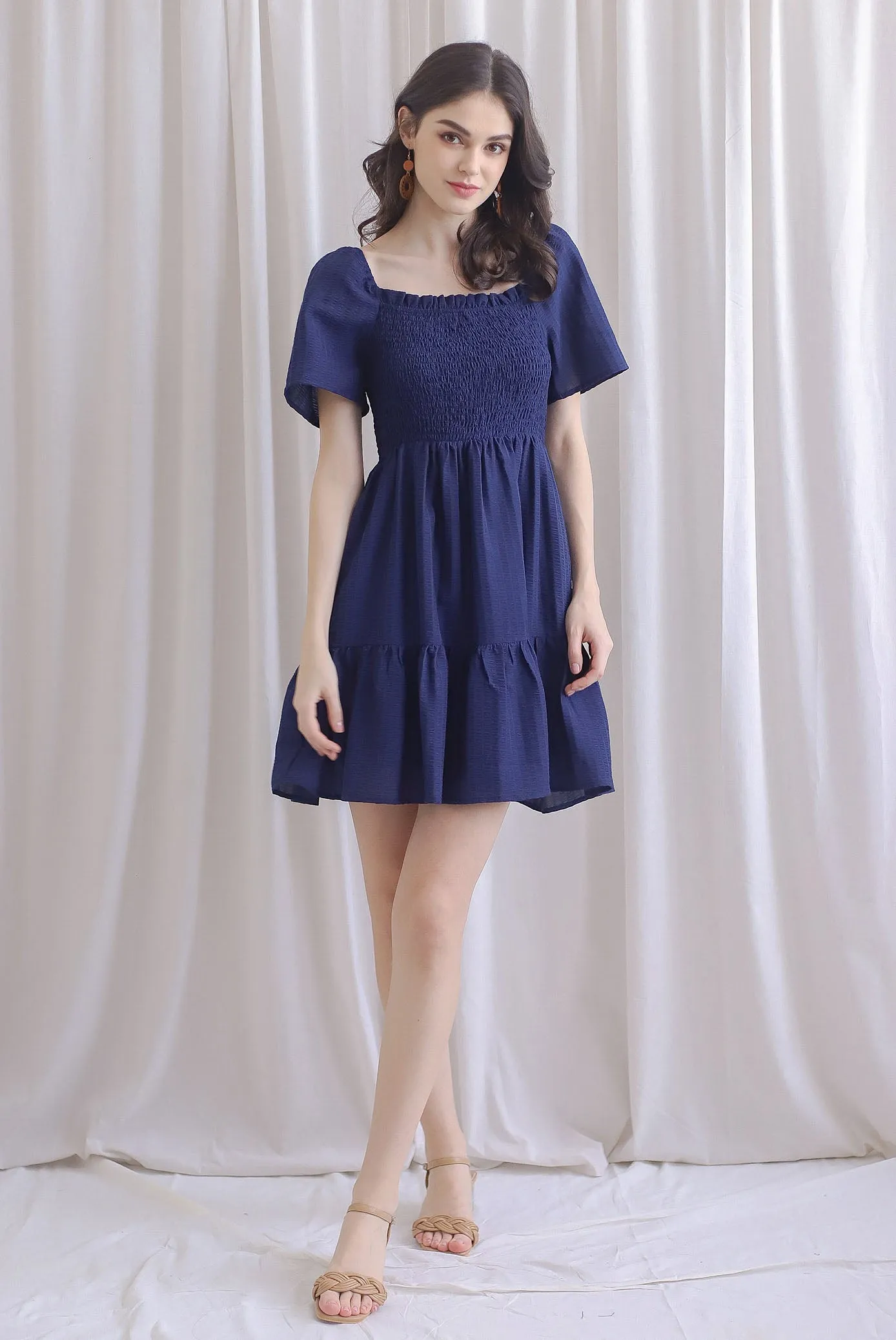 TDC Trinny Flutter Sleeve Smock Dress In Navy Blue