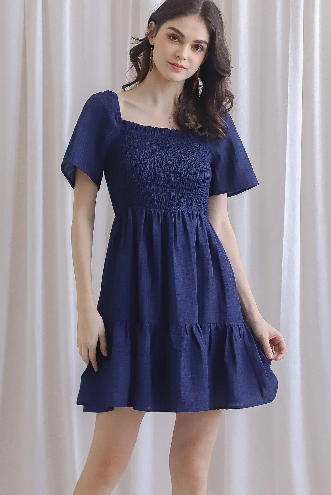 TDC Trinny Flutter Sleeve Smock Dress In Navy Blue