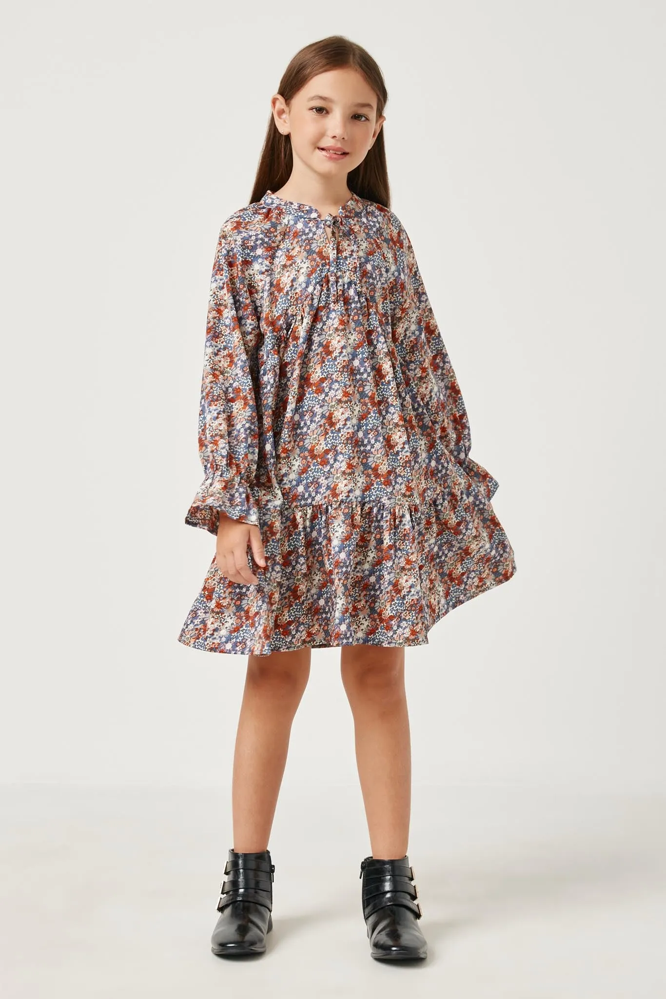 V Neck Long Sleeve Cinched Floral Dress