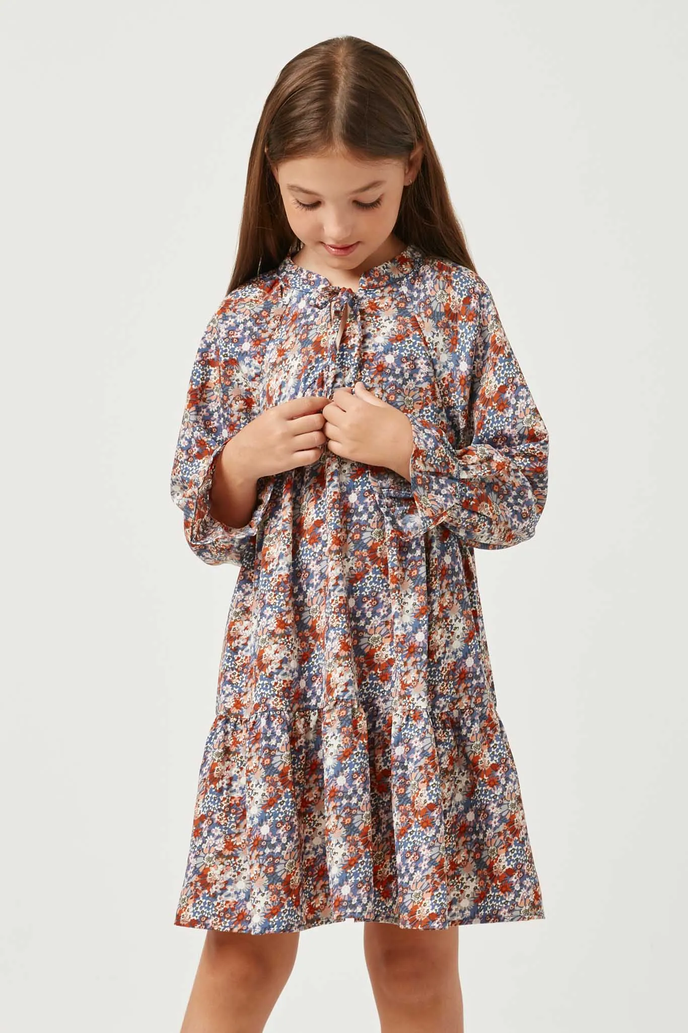 V Neck Long Sleeve Cinched Floral Dress