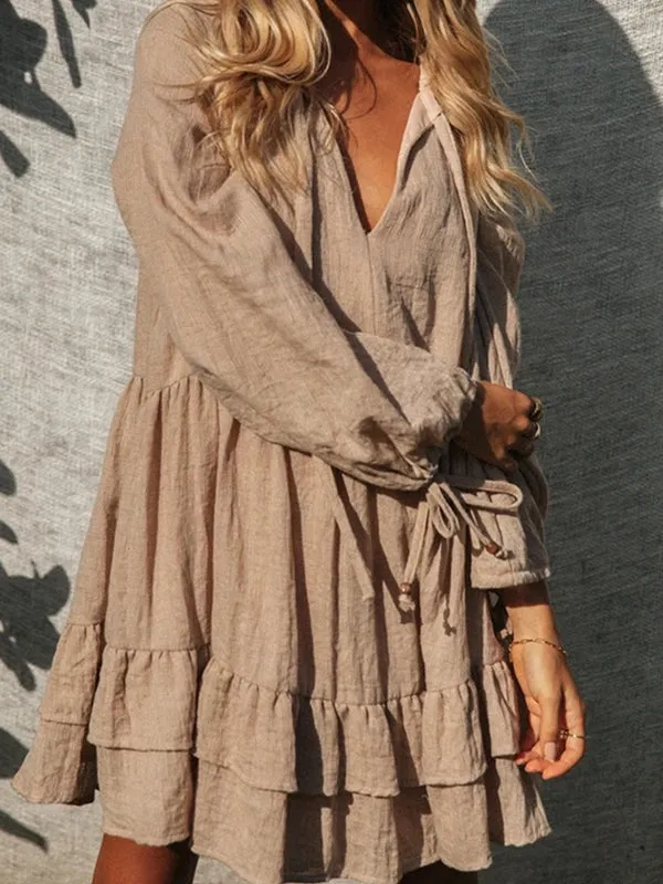 V Neck Ruffle Hem  Smock Dress