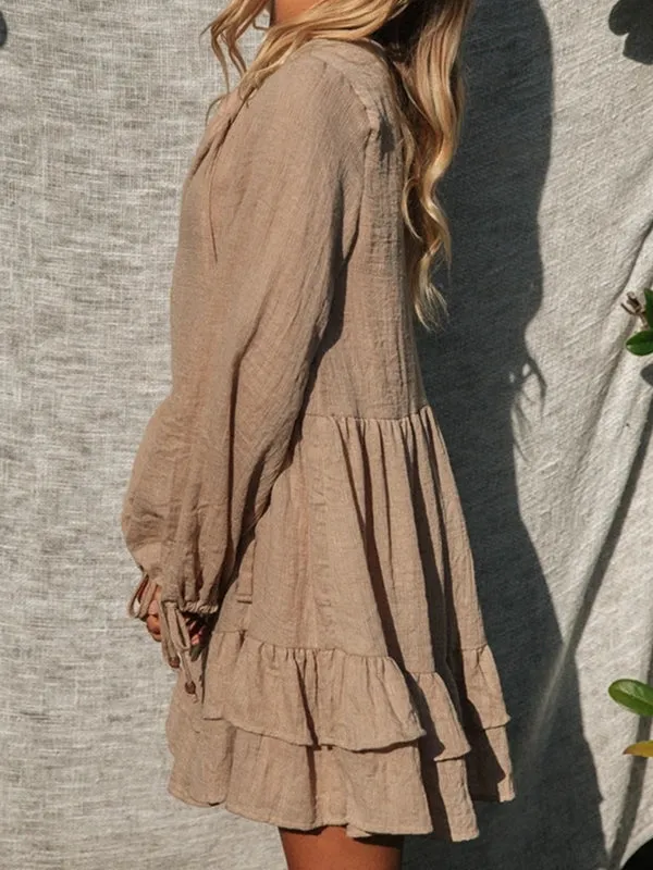 V Neck Ruffle Hem  Smock Dress