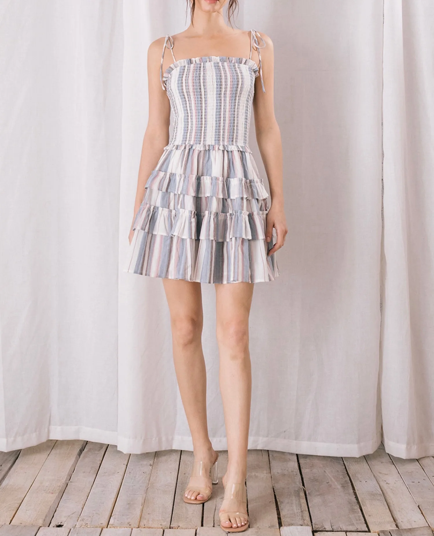Vertical Stripe Smock Tier Mini Dress