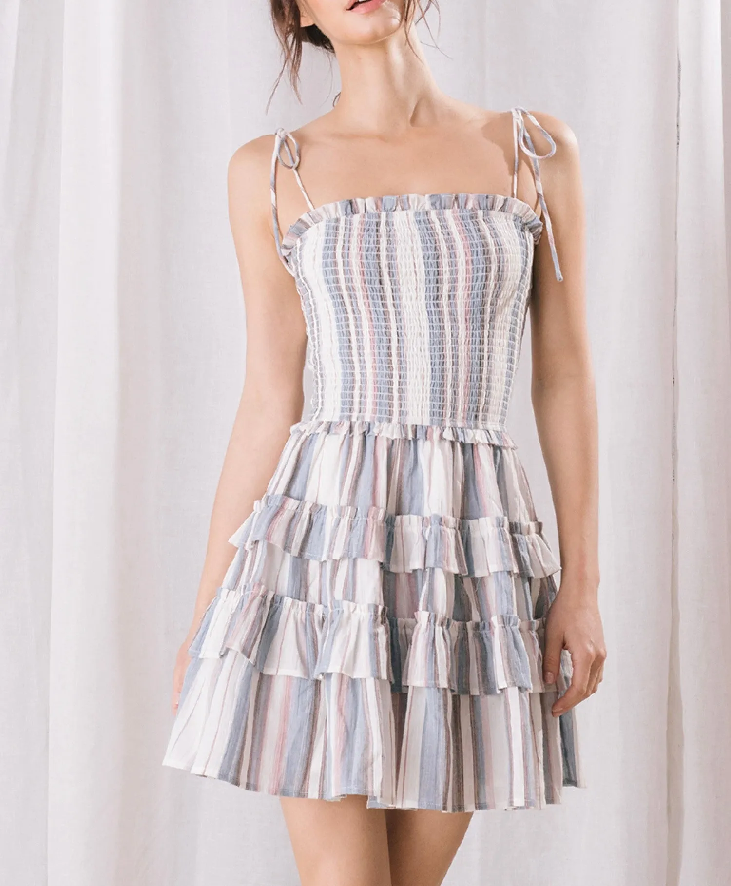 Vertical Stripe Smock Tier Mini Dress