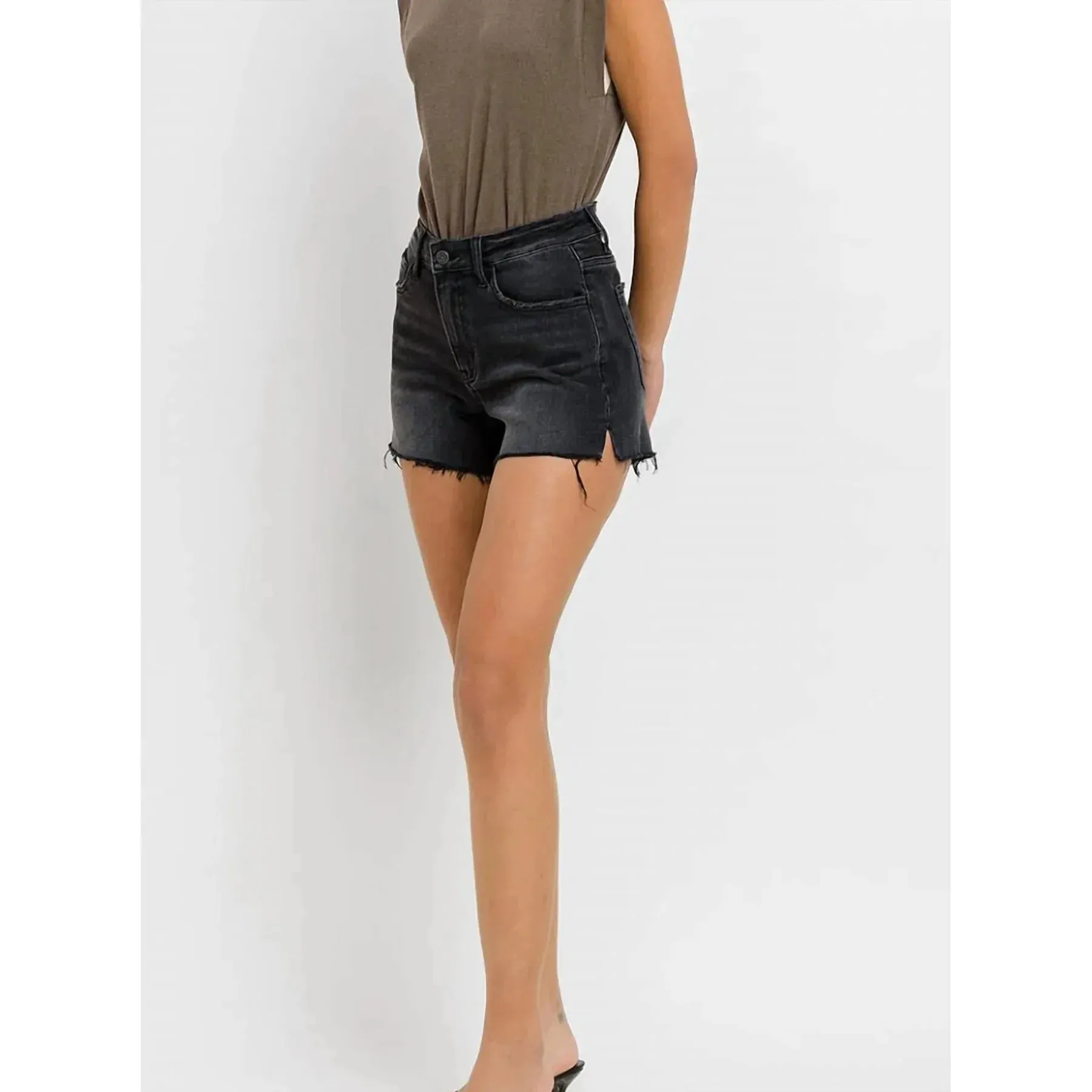Vervet High Rise Side Slit Raw Hem Short || Washed Black