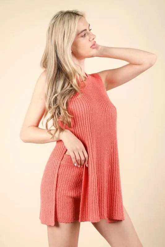 VERY J Slit Round Neck Top and Shorts Sweater Set