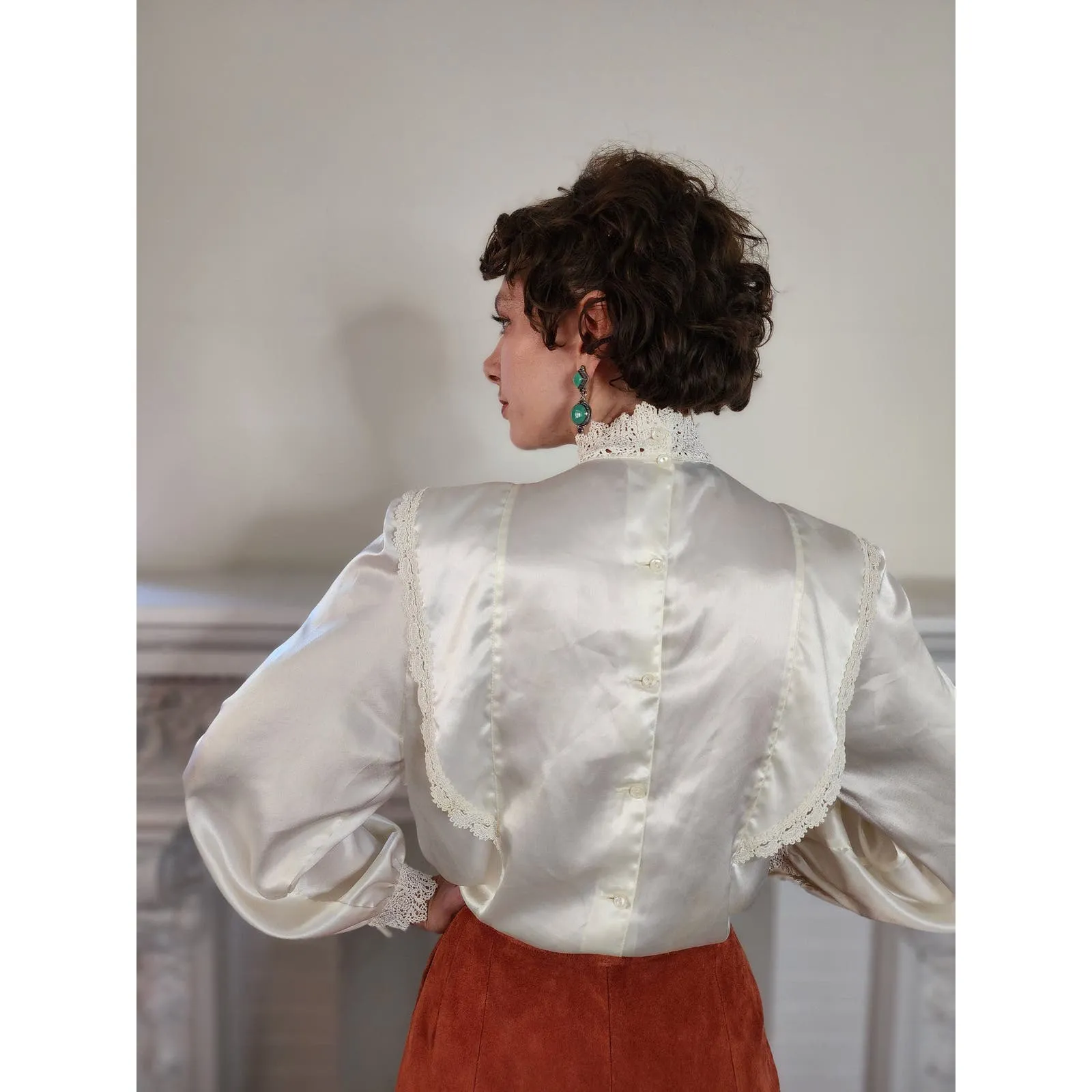 Vintage 80s Cream Blouse Neo Edwardian Lacy Shirt